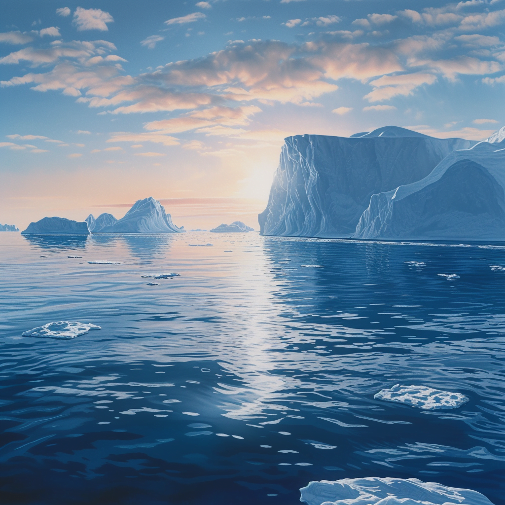 Setting sun over the arctic ocean with iceberg horizons.